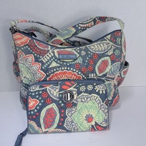 Vera Bradley Gray Nomadic Floral Bag and Matching RFID Turnlock Wallet Set